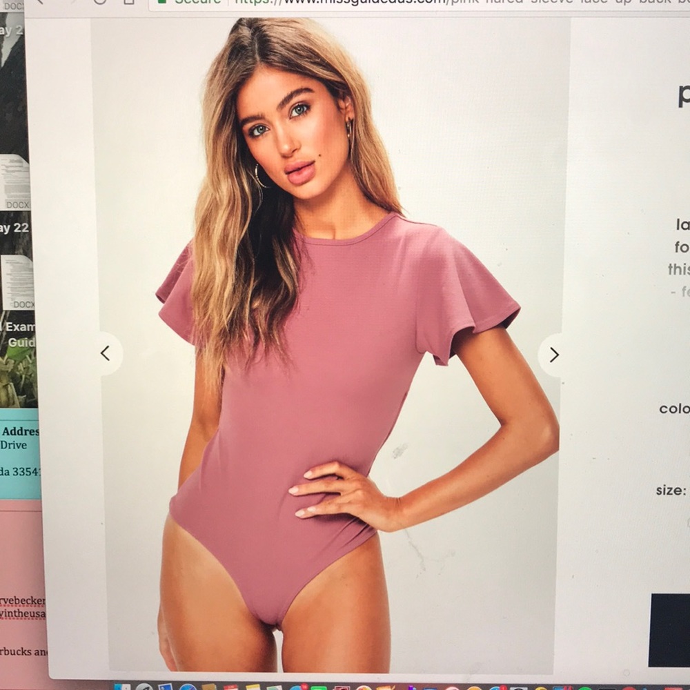 Pink Flared Sleeve Lace Up Back Bodysuit